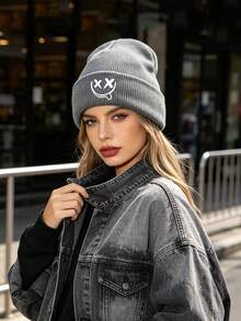 1pc Unisex Multi‑Color Cuffed Knitted Beanie Hat, X‑Eyes Smiling Face Graphic Print, Soft Warm Fall Winter Headwear, Versatile Casual Cap For Outdoor - Multicolor - View 6
