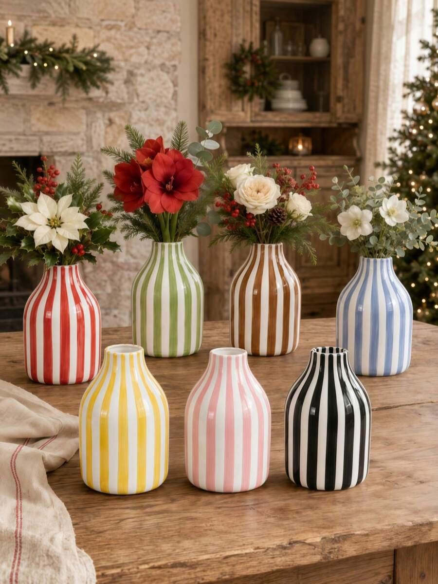 1pc Classic Striped Round Vase, Practical Floral Arrangement Vase, Desktop Decor, Suitable For Indoor Display, Applicable For Christmas Winter Holiday Home Party Decoration - Small Round Bottle - View 1