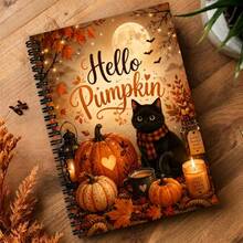 1pc Fall Bookshelf Spiral Notebook, Black Cat Pumpkin Journal For Work Note Taking, Gift For Book Lover, School Office Supplies - 1 Pack (50 Sheets/100 Pages) - View 3