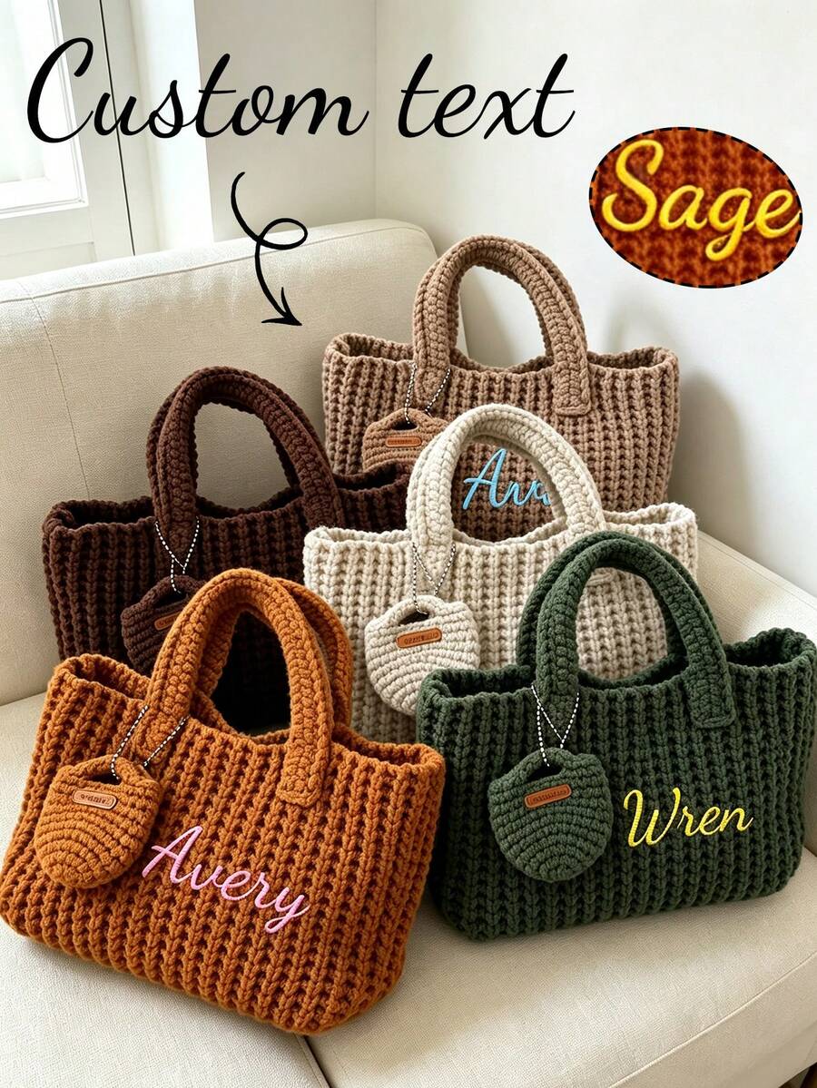 Tas Tote Rajut Bordir Nama Kustom, Tas Tangan Rajut Tangan dengan Kantong Mini, Tas Rajut Bertekstur Warna Polos, Tas Hadiah Personalisasi untuk Penggunaan Sehari-hari - MultiWarna - View 1