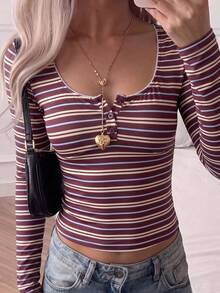SCARLUX Fall Women Y2K Striped Long Sleeve Top, Lace Trim U Neck Button Front Slim Fit Cropped Tee, Back To School & Daily Commute Outfit - Red - View 6