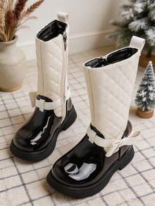 1 Pair Fashionable Girls' Gentle Style Diamond Pattern Mid-Calf Boots, Side Zipper Bow Decor College Style Leather Boots, Suitable For School Outfits, Birthday Parties, Daily Wear, Autumn/Winter - Beige - View 3