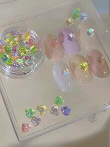 1box/2boxes Fall, Autumn, Fall Nails Random Assortment Holographic Heart-Shaped Pointed Rhinestone Nail Art Decorations, Multi-Color Faceted High-Shine Heart Rhinestones, Exquisite Beautiful Nail Decor, Same Style As Nail Salon Accessories, Sweet & Spicy Dreamy Atmosphere Nail DIY Creative Materials - Multicolor - View 2