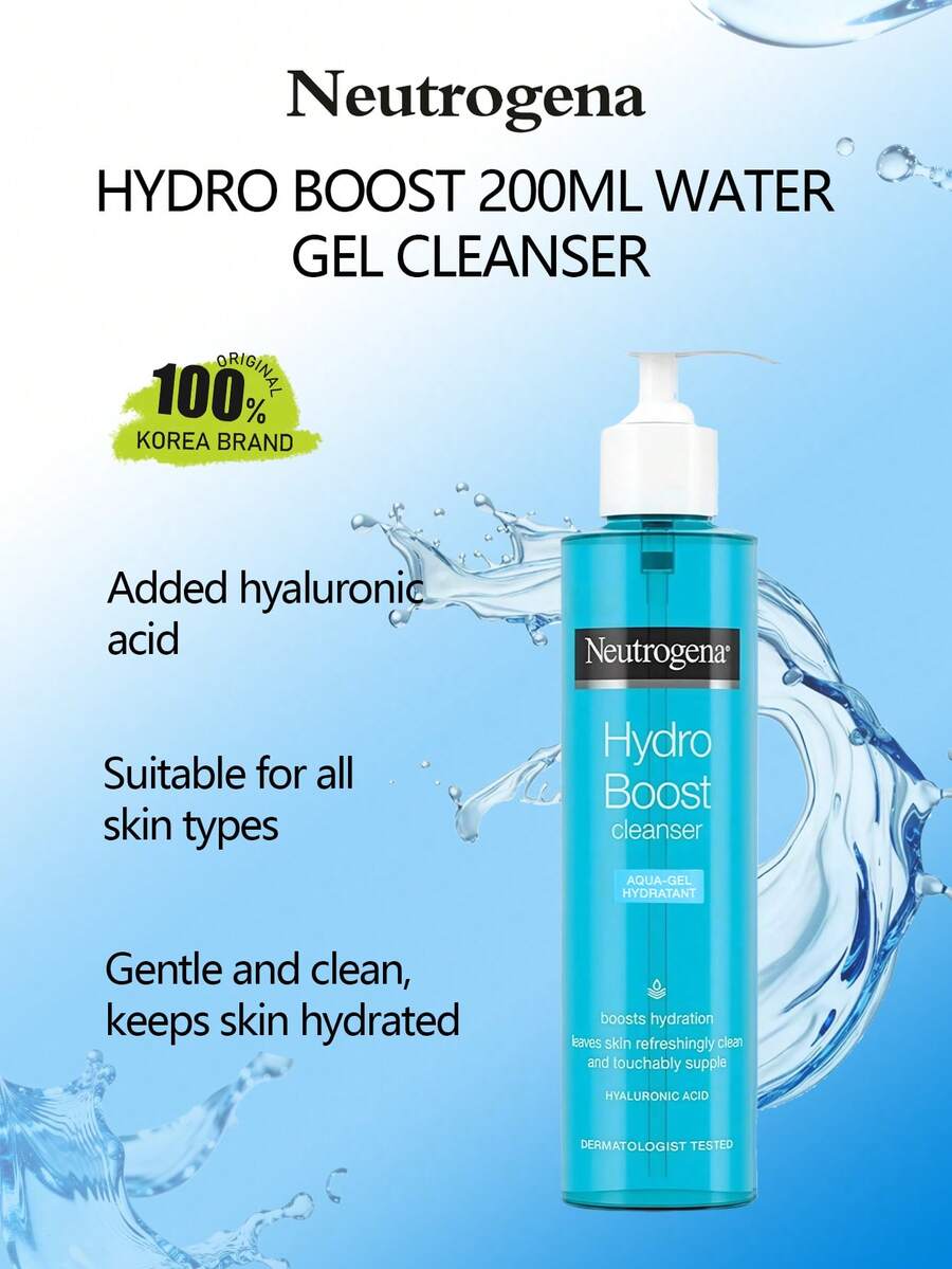 Neutrogena HYDRO BOOST 200ML 水凝膠潔面乳，含玻尿酸的保濕凝膠潔面乳，輕盈水凝膠質地，溫和清潔，適用於乾燥敏感肌膚，清爽不黏膩，適合日常使用，200ml/6.76 Fl.Oz