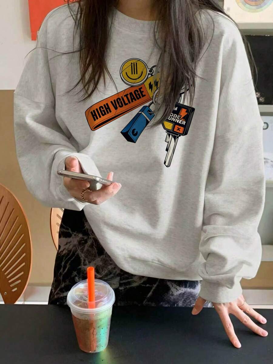 女款個性趣味鑰匙印花圓領衛衣,小眾設計,寬鬆修身,休閒日常通勤,秋季套頭衫 - 淺灰色 - 查看 1