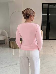 Women's Autumn Outfit: Elegant V-Neck Pink Fashionable Long-Sleeve Button-Up Cardigan Sweater, Suitable For Everyday And Commuting Wear. - Pink - View 11