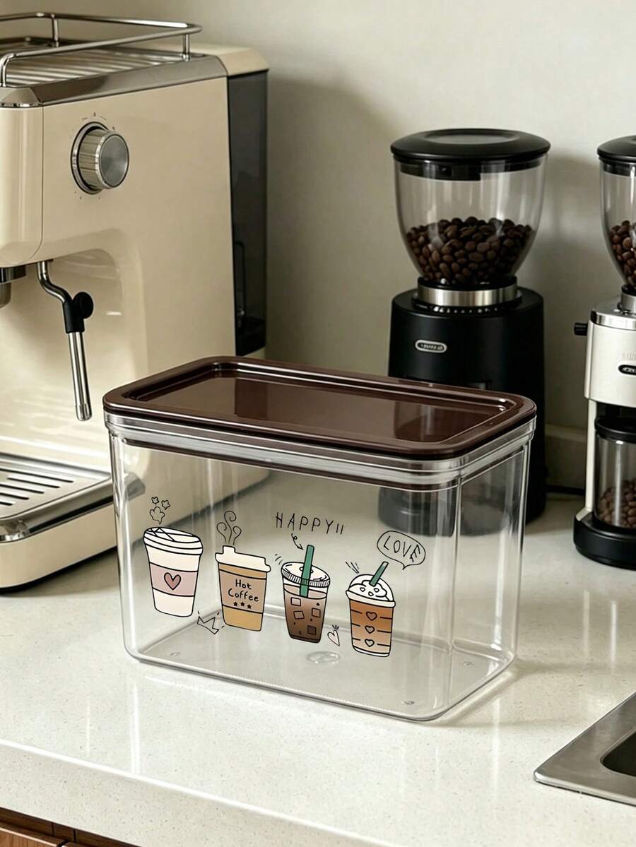 Transparent försluten kaffeförvaringsburk med fyrkoppig kaffemönster, försluten plastburk för livsmedel, stor kapacitet, damm- och fuktsäker, förvaringsbox för kaffehörna på köksbänk, dekoration, köksbänksförvaring, present till kaffeälskare - Multifärgad - Visa 1