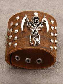 1pc Fashionable Personalized Hip Hop Punk Unisex PU Leather Bracelet, Street Dance Decor Wide Wristband With Double Knife, Hat, Skull Skeleton And Rivet Alloy Chain, Halloween Party Stage Performance Gift - Bracelet - View 2