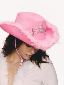 Popjeli 1pc Women's Autumn Party Rhinestone Pink Crown Cowboy Hat, Halloween Feather Edge Festival Party Hat Suitable For Daily Wear - Multicolor - View 7