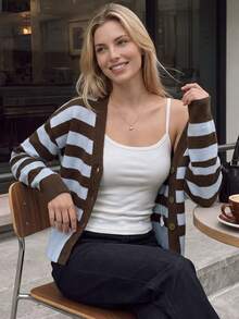 Nicenter Women's V‑Neck Drop‑Shoulder Long Sleeve Stripe Button‑Down Sweaters, Cardigan For Women, Wool Blend Knit Tops, Fall Clothes, Winter Clothes For Daily - Multicolor - View 7