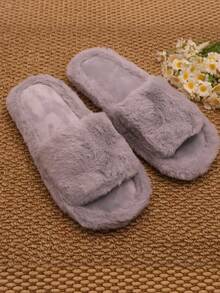 Women's Fuzzy One-Strap Indoor Slippers, Solid Color Long Plush Open Toe Thick Soft Cushion, Warm Autumn/Winter Casual Thermal Slippers - Grey - View 3