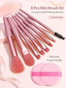 Pink Mini 8pcs Makeup Brush Set Travel Portable Face Eye Makeup Brushes For Beginners - Multicolor - View 11