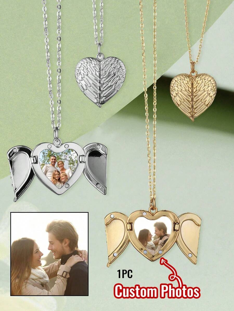 Kalung Foto Sayap Malaikat Berbentuk Hati Kustom, Kalung Foto Ukir Personalisasi, Hadiah Perhiasan Kustom untuk Pria dan Wanita, Perhiasan Unik, Ulang Tahun, Hadiah Peringatan - MultiWarna - View 1