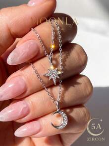 1pc Minimalist Fashion Double Layer Star & Moon Necklace, Suitable For Women, Ins Style Gift, Versatile And Easy To Match With Various Outfits, Also A Perfect Accessory For Dates And Parties. - Style 2 - View 5