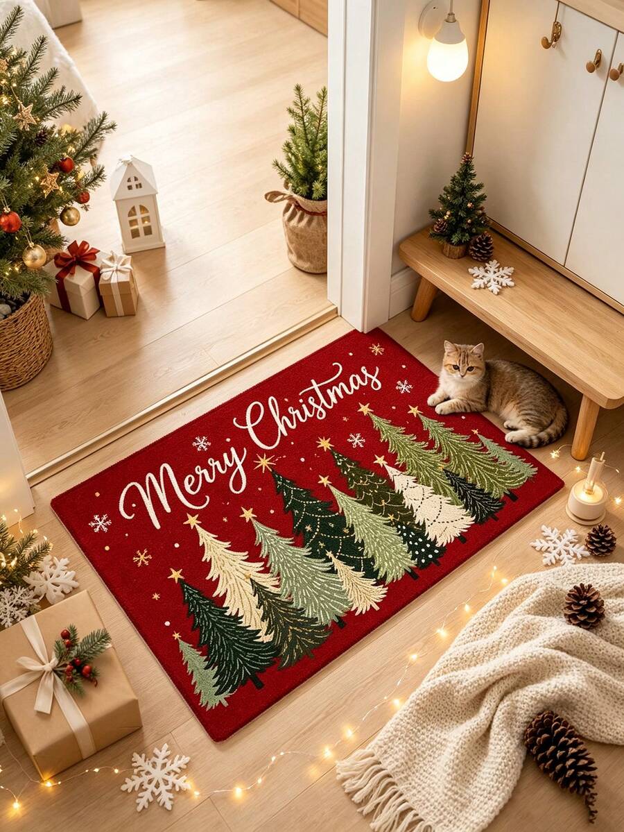 1pc Christmas Tree Pattern Floor Mat, Bathroom Mat, Bathroom Carpet, Door Mat, Small Rug, Carpet, Floor Mat, Home Decor, Area Rug, Outdoor Mat, Home Decor, Area Carpet, Bedroom Carpet, Washable Carpet - Multicolor - View 1