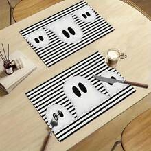 1/4/6pcs Halloween Series Black & White Striped Minimalist Ghost Pattern Printed Placemats, Heat-Resistant Table Mats For Home Kitchen, Table Protection, Kitchen Dining Table, Party Scene Decoration - Multicolor - View 10