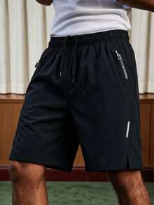 Men's Casual Solid Color Drawstring Beach Shorts, Breathable Streetwear Sporty Daily Commute - Black - View 1