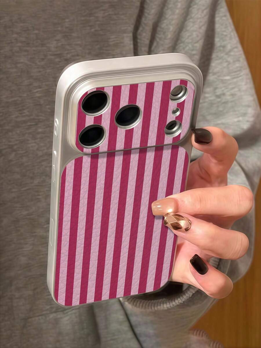 1pc New Minimalist Rose Red & Light Pink Vertical Striped Pattern Phone Case, Large Window Metal Paint Premium Texture Faux Leather PU Leather Anti-Drop Protective Shell, Compatible With Iphone 17/17Pro/17ProMax/16/16Pro/16ProMax/16Plus/15/15Plus/15Pro/15ProMax/14/14Pro/14ProMax/13/13Pro/13ProMax/12/12Pro/12ProMax/11/11ProMax/XR/XS/XSMAX, Shockproof Anti-Collision Protective Soft Case - Multicolor - View 1