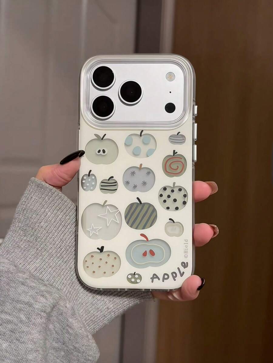White Hollow Graffiti Apple Design Phone Case Compatible With Iphone 17 Pro Max, 16 Pro, 15, 14, 13, Full Coverage Anti-Drop Soft Protective Cover, Girly Style - White - View 1