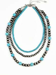 3pcs/Set Handmade Beaded Necklace, Vintage Western Country Style, Turquoise Color, Multi-Layer Design, Versatile Fashion Jewelry Gift - Multicolor - View 2