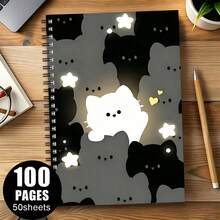 1pc A5 Size Cute Cat Spiral Notebook - Japanese Manga Style Plush Diary, Black & White Cat Face, Heart & Star Pattern, Suitable For School And Office Planner - Gift For Cat Lovers - Multicolor - View 1