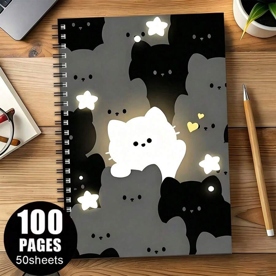 1pc A5 Size Cute Cat Spiral Notebook - Japanese Manga Style Plush Diary, Black & White Cat Face, Heart & Star Pattern, Suitable For School And Office Planner - Gift For Cat Lovers - Multicolor - View 1