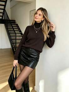 Women's Stand Collar Solid Color Fleece-Lined Thick Warm Long Sleeve Slim Knit Pullover, Soft Cozy Comfortable, Fall Winter Daily Street Commute Top - Chocolate Brown - View 5