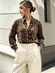 Women's Casual Leopard Print All Over Print Button Front Shirt Collar Long Sleeve Shirt Business Office Vacation Home Holiday Spring Autumn Winter - Brown - View 5