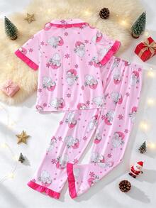 2pcs/Set Christmas Children's Short Sleeve Pajama Set, Flame Retardant Fabric, Cartoon Santa Claus Print Pattern, Ruffle Design On Cuffs, Hem And Pockets, Lapel Short Sleeve Cardigan And Long Pants Set, Suitable For All Seasons, Comfortable And Loose For Home Wear, Girls Middle And Big Tween Girl - Pink - View 2