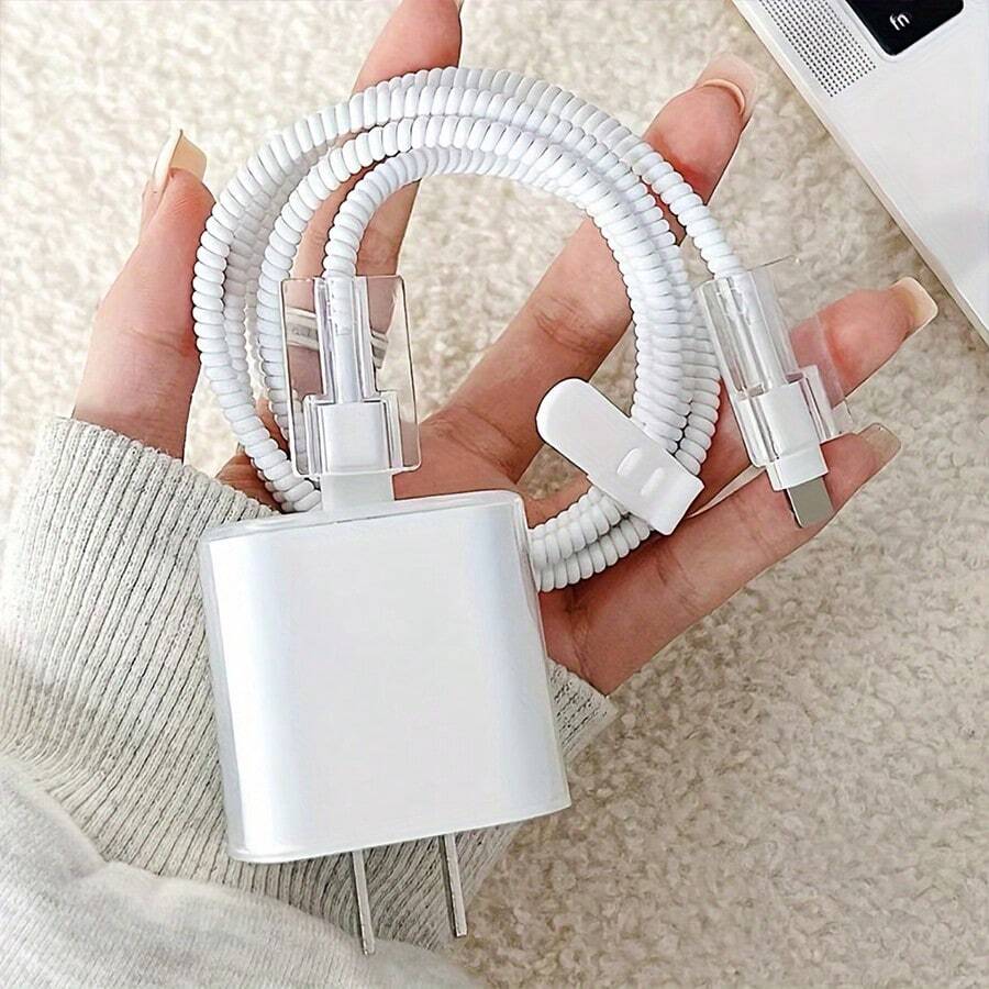 5pcs White Transparent Charger Protective Case & Data Cable Protector, 18/20W Fast Charging Head Cable Winder, Anti-Damage Cable Organizer Gift For Boyfriend/Girlfriend - Multicolor - View 1