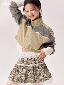 CHUU Contrast Color Zipper Jacket Women Autumn Lace Trim Patchwork Casual Versatile Letter Crop Top - Coffee Brown - View 4