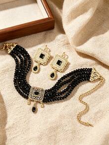 1Set Vintage Luxury Necklace & Earrings Set, Multi‑Use, As Head Chain, Hollow Synthetic Gems, Ladies Wedding Banquet Accessories - Multicolor - View 10