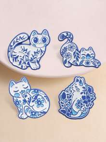 4Pcs Blue‑White Porcelain Style Cat Enamel Brooch Set, Chinese Floral Kitty Lapel Pin Badge For Backpack Jacket Decor - Blue - View 1