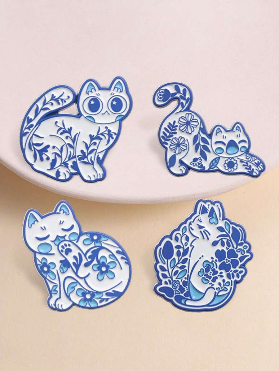4Pcs Blue‑White Porcelain Style Cat Enamel Brooch Set, Chinese Floral Kitty Lapel Pin Badge For Backpack Jacket Decor - Blue - View 1