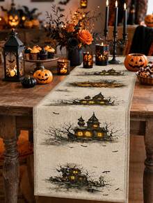 1pc Halloween Linen Table Runner, Vintage Gothic Rectangular Table Decor With Haunted House, Pumpkin, Bat And Bare Tree Print, Farmhouse Tabletop Decoration For Halloween Party, Kitchen And Home - Multicolor - View 2