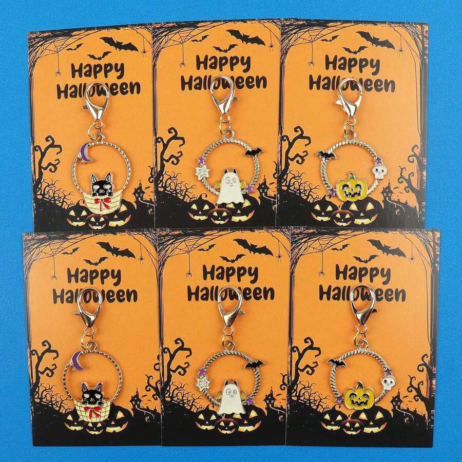 3pcs/6pcs Mixed Halloween Enamel Keychain Charms, Ghost Pumpkin Black Cat Pendant, Happy Halloween Greeting Card, Lobster Clasp Holiday Gift - Multicolor - View 1
