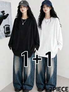 Women's Spring/Autumn Loose Fit Versatile Crew Neck Fashion Minimalist All-Match 2pcs Long Sleeve T-Shirts Casual - Black + White - View 2