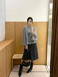 Women's Autumn/Winter New Knit Loose Batwing Sleeve Pullover Elegant Shawl Sweater For Outerwear - Grey - View 4