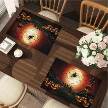 1/4/6pcs Halloween Series Full Moon Flying Witch Pattern Printed Placemats, Heat-Resistant Table Mats For Home Kitchen/Dining Table Protection, Party Scene Decoration - Multicolor - View 7