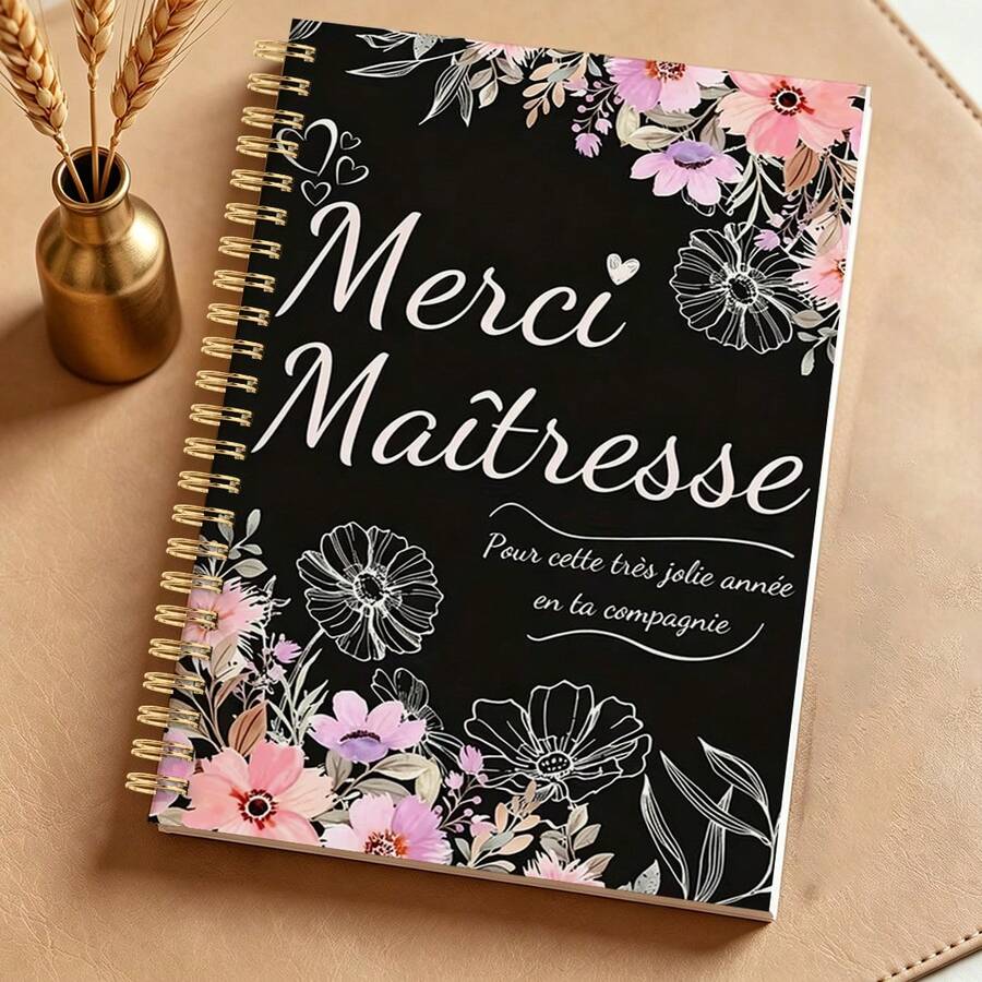 DANPERJI 1本 A5 優雅法式「Merci Maitresse」螺旋筆記本,金米色設計配愛心裝飾,教師感謝禮物,開學季、大學與辦公室文具 - 黑色 - 查看 1