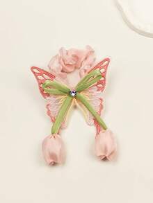 1/2pcs Embroidered Mesh Butterfly Scrunchie With Rhinestone Heart Decor And Tulip Pendant, Gentle Hair Tie For Girls - Multicolor - View 13