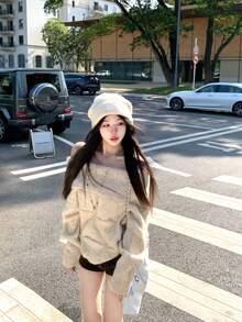 Cold Shoulder Knit Sweater Loose Lazy Style Top Autumn Winter - Apricot - View 6