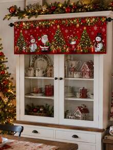 1pc Christmas Red Santa Snowman Tree Window Topper, Traditional American Holiday Style Polyester Rectangular Rod Pocket Short Valance With Evergreen Garland, Ornaments And Snowflake Print, Kitchen Dining Room Decor - Multicolor - View 7