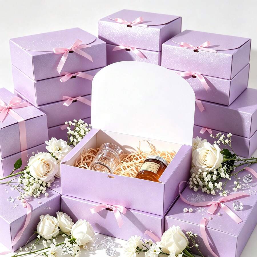 Set Of 5 High‑End Light Lavender Gift Boxes With Lids, 11.5*11.5*5 Cm, Come With Ribbons, For Wedding, Birthday, Party, Christmas, Bridesmaid, Back‑To‑School, Graduation & Valentine's Day Gifts - Multiple Styles - View 1