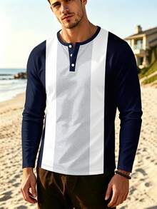 Men's Contrast Color Henley Collar Long Sleeve T-Shirt, Casual Button Placket Round Neck Top - Multicolor - View 5