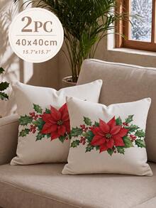 1pc/2pcs Christmas Simple Poinsettia Pattern Waffle Fabric Cushion Cover, Single-Sided Printed Soft Waffle Polyester Material, Waffle Pillowcase Suitable For Room Decoration, Modern Minimalist Sofa Living Room Decor, Gift Giving, Party Decoration - Multicolor - View 11