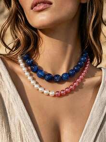 1 pieza Collar de cuentas bohemio con patrón de mármol exagerado, grueso y apilable, adecuado para vacaciones - Collar degradado multicolor vintage - Ver 7