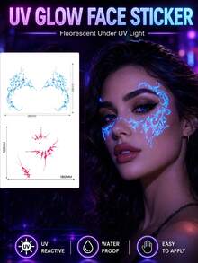2Pcs UV Fluorescent Face Stickers, Lace And Spider Web Temporary Tattoos, Waterproof Facial Decor Stickers For Rave Festival Halloween Party, Lasts 2‑5 Days - Multicolor - View 1