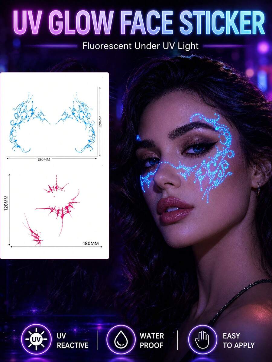 2Pcs UV Fluorescent Face Stickers, Lace And Spider Web Temporary Tattoos, Waterproof Facial Decor Stickers For Rave Festival Halloween Party, Lasts 2‑5 Days - Multicolor - View 1