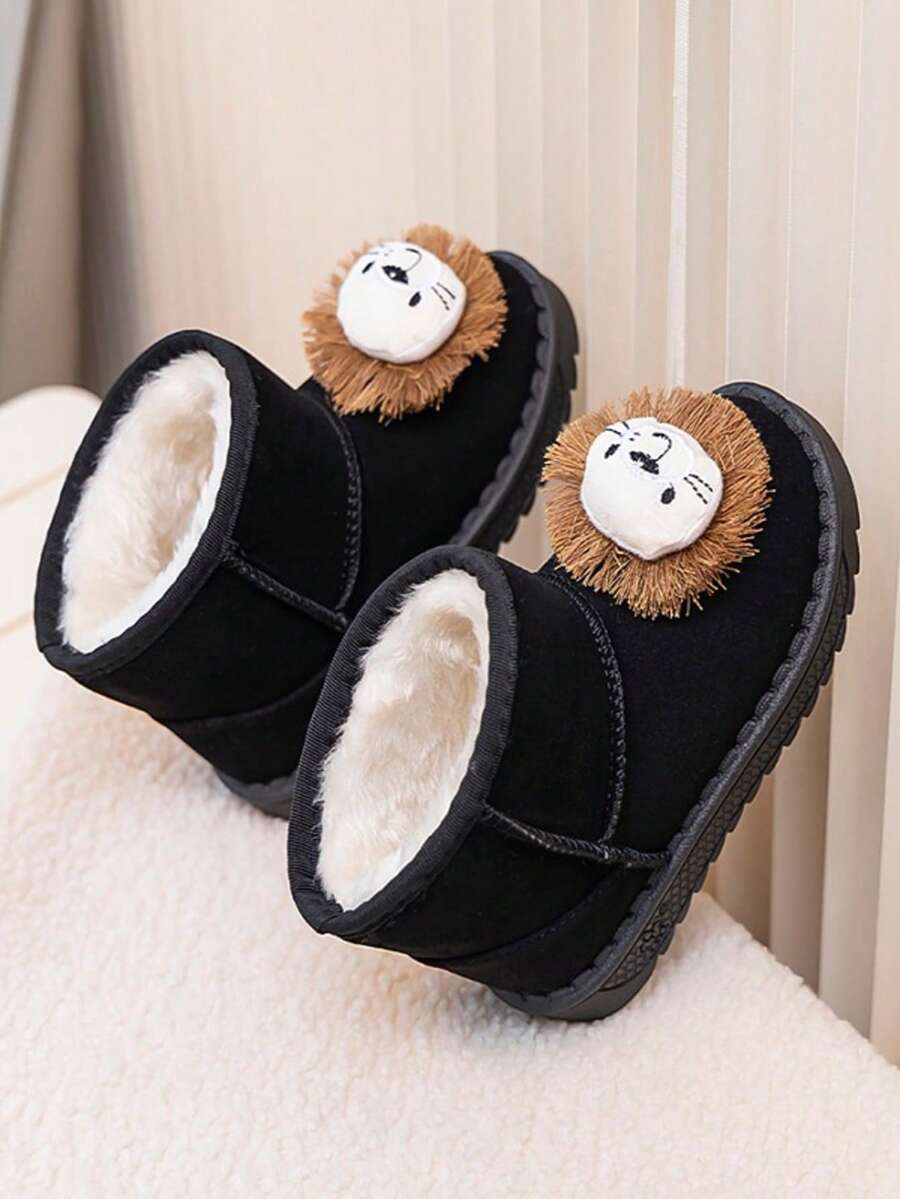 Girls Cartoon Lion Decor Snow Boots Winter Thermal Lined Soft Non-Slip Cute Ankle Boots For Toddlers - Black - View 1